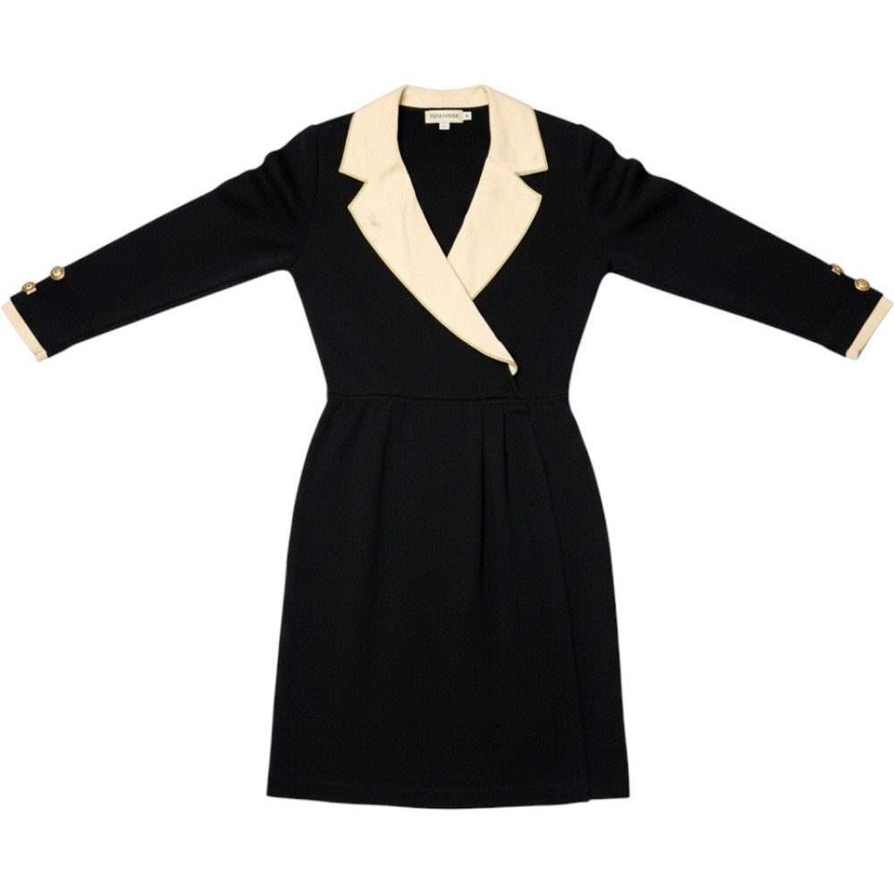 St John Collection Marie Gray Black Knit Wrap Dress Removable Collar Belt 10